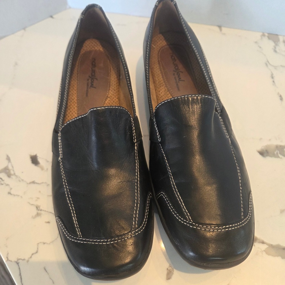Naturalizer/Natural Soul Blk Leather Loafers Comfort Slip On Wht Stitch Women 11 - Picture 4 of 13